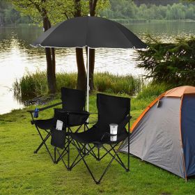 Portable Folding Picnic Double Chair With Removable Umbrella (Color: Black)